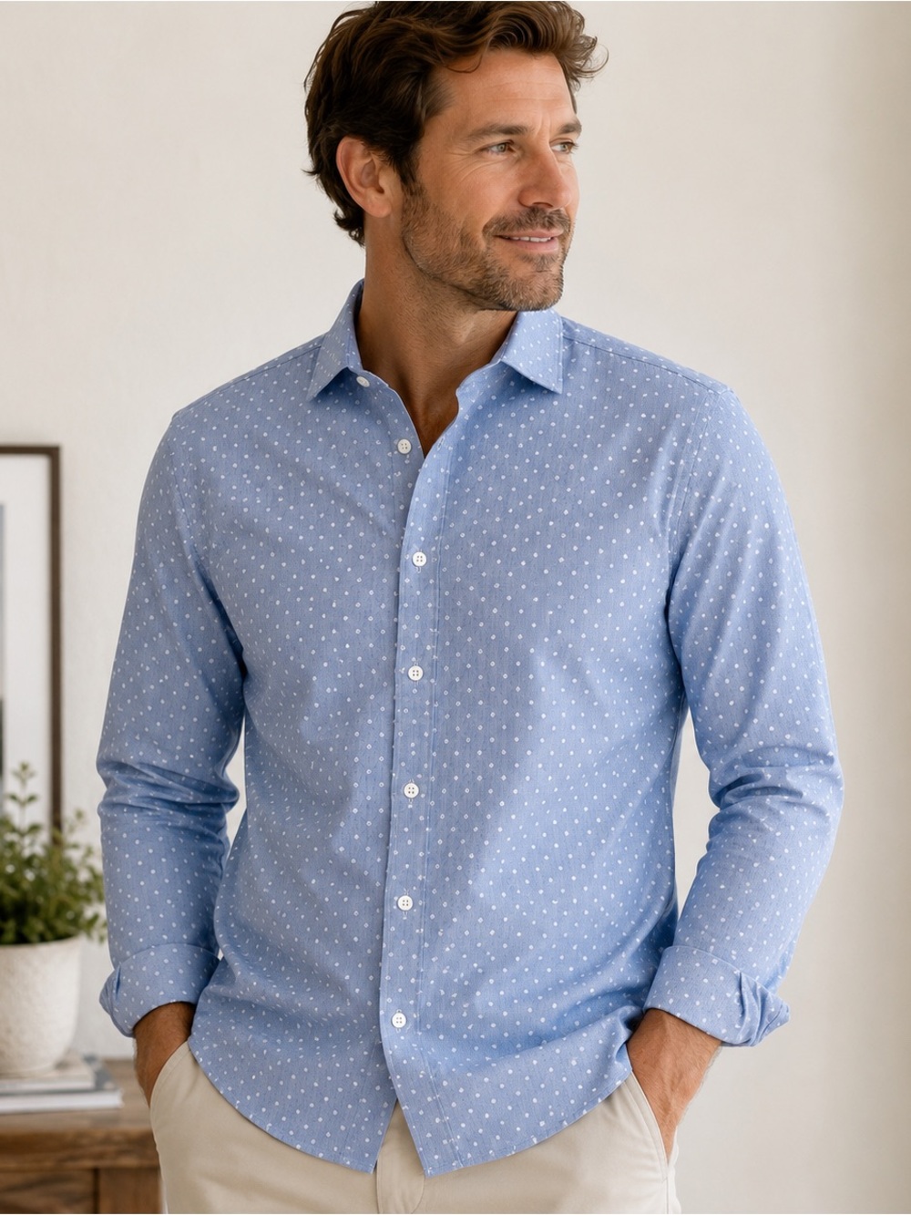 Artefact Men’s Slim Fit Grey Blue Geometric Button-Down Shirt Medium